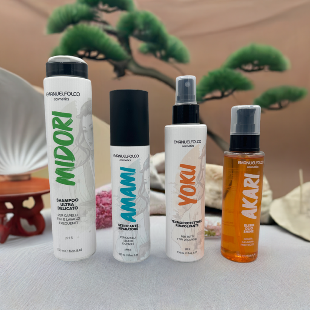 Kit Sportive: Midori Shampoo + Amami Setificante + Yoku Termoprotettore + Akari Elisir Oro Oil